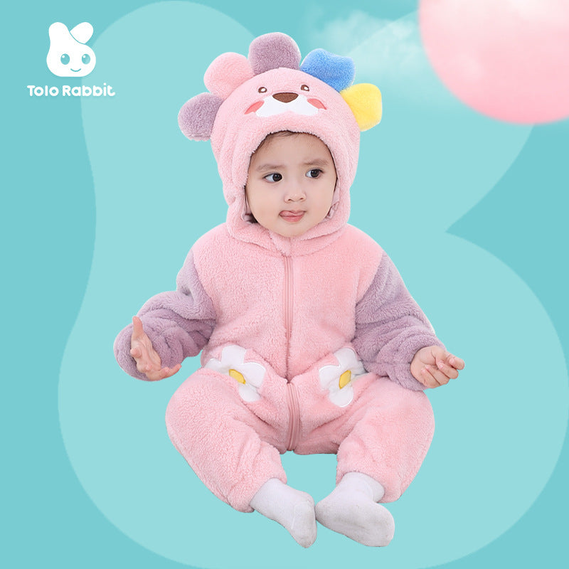 Qile Rabbit autumn new 0-3 year old baby going out clothes cute little flower embroidered single-layer double-sided velvet onesie