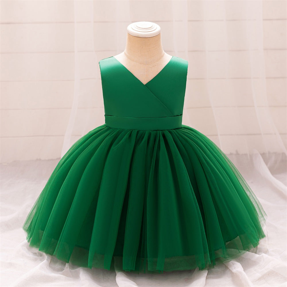 Spot ins style wedding flower girl dress baby first birthday party wash dress bow satin mesh skirt