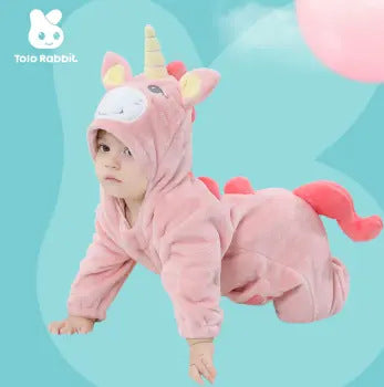 Qile Rabbit autumn new 0-3 year old infant pink unicorn styling clothes flannel single-layer onesie