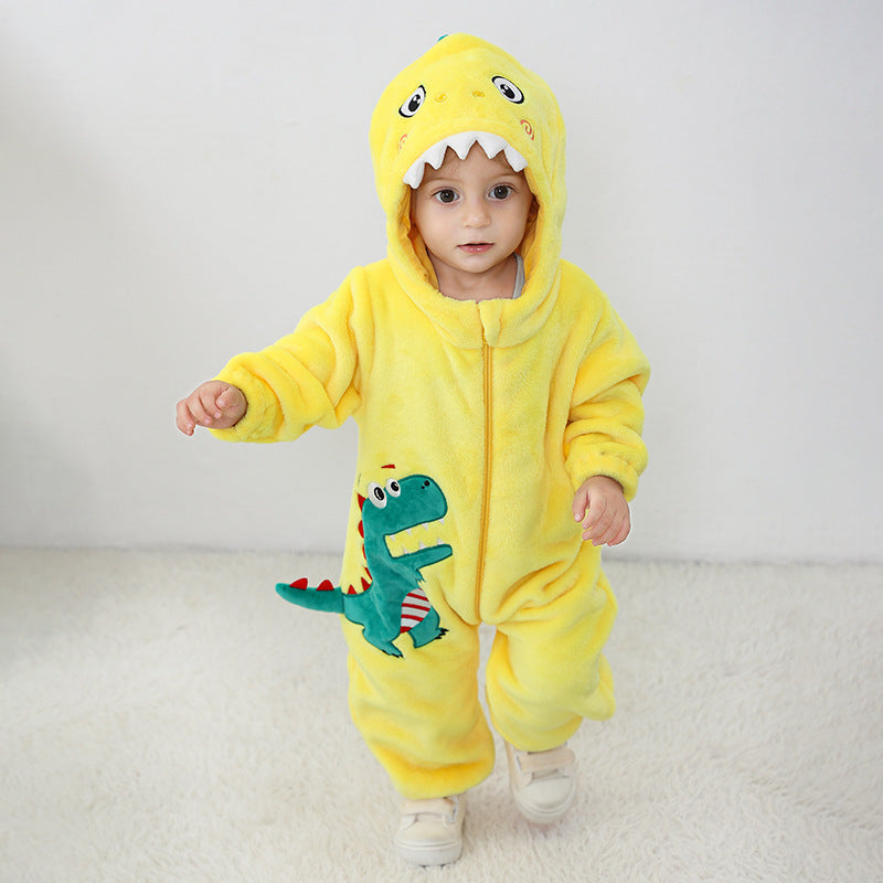 Qile Rabbit autumn new baby comfortable flannel single-layer cute little dinosaur shape one-piece Romper
