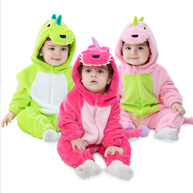Qile Rabbit Children's Clothing Wholesale Spring New Flannel Thin Dinosaur Single Layer Romper Jumpsuit X6732