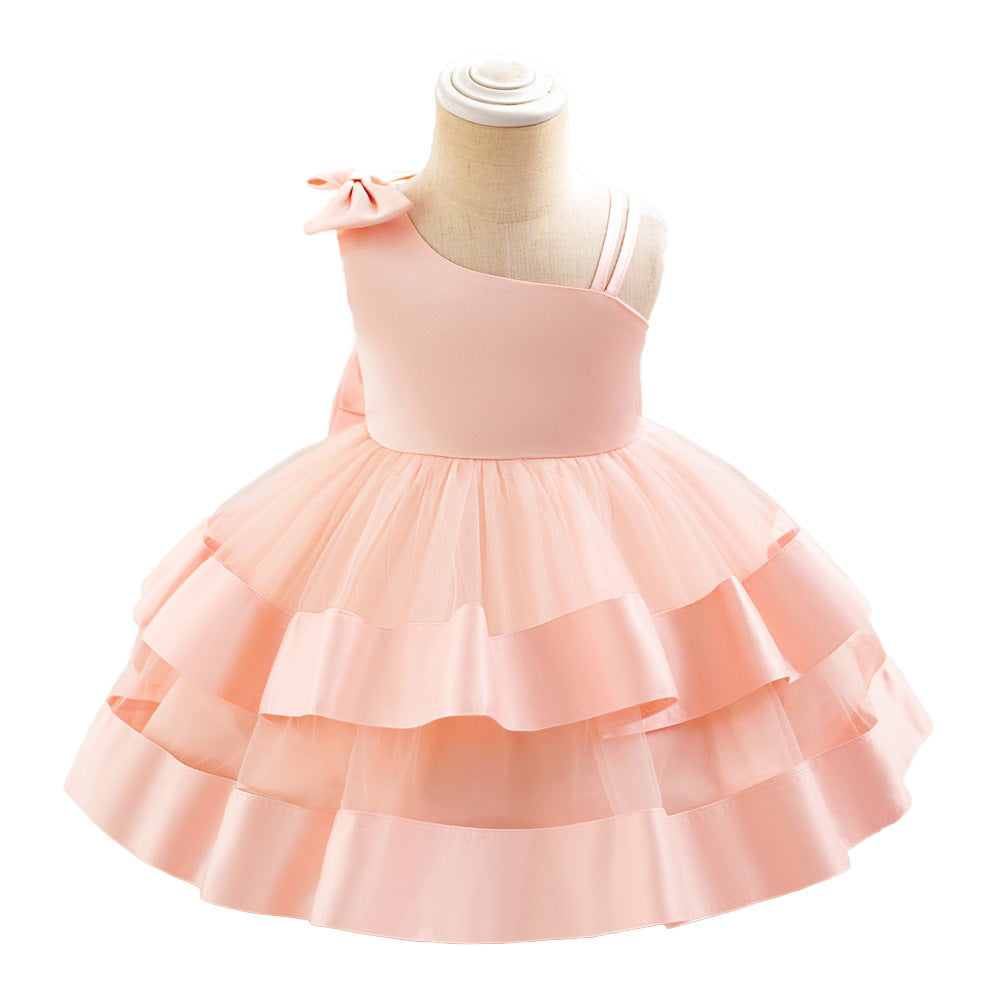 Summer children's dress slanted shoulder satin mesh splicing children's dress back big bow fluffy princess dress spot