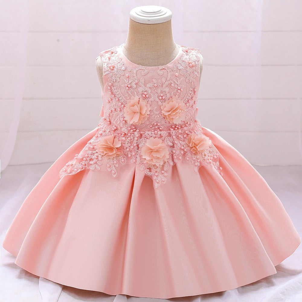 Children's Dress Princess Dress Birthday Satin Dress Lace Decal Children's Dress Little Girl Performance Yearling Dress Dress