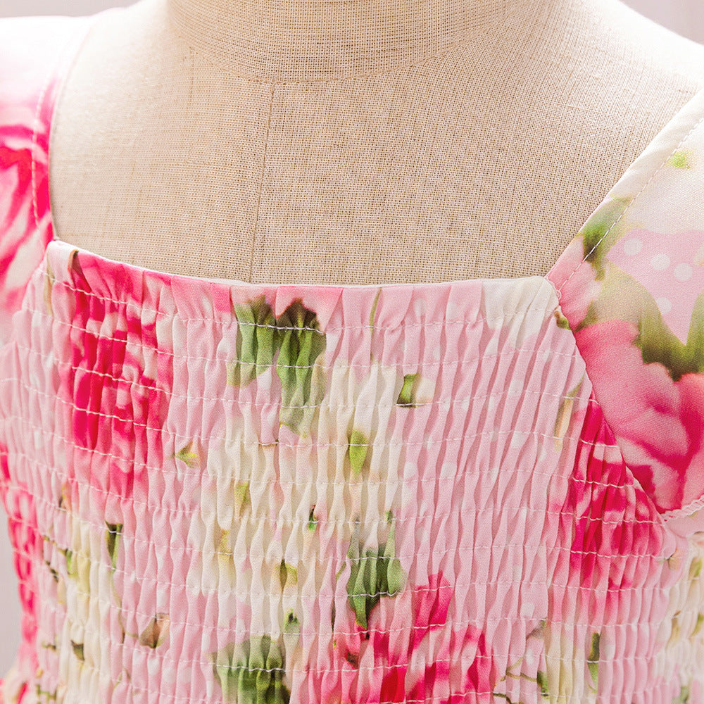 2024 Cross-border New Girls' Princess Dress Printed Satin Fabric Xiaofei Sleeve Dress One-year Dress Folded Fluffy Dress