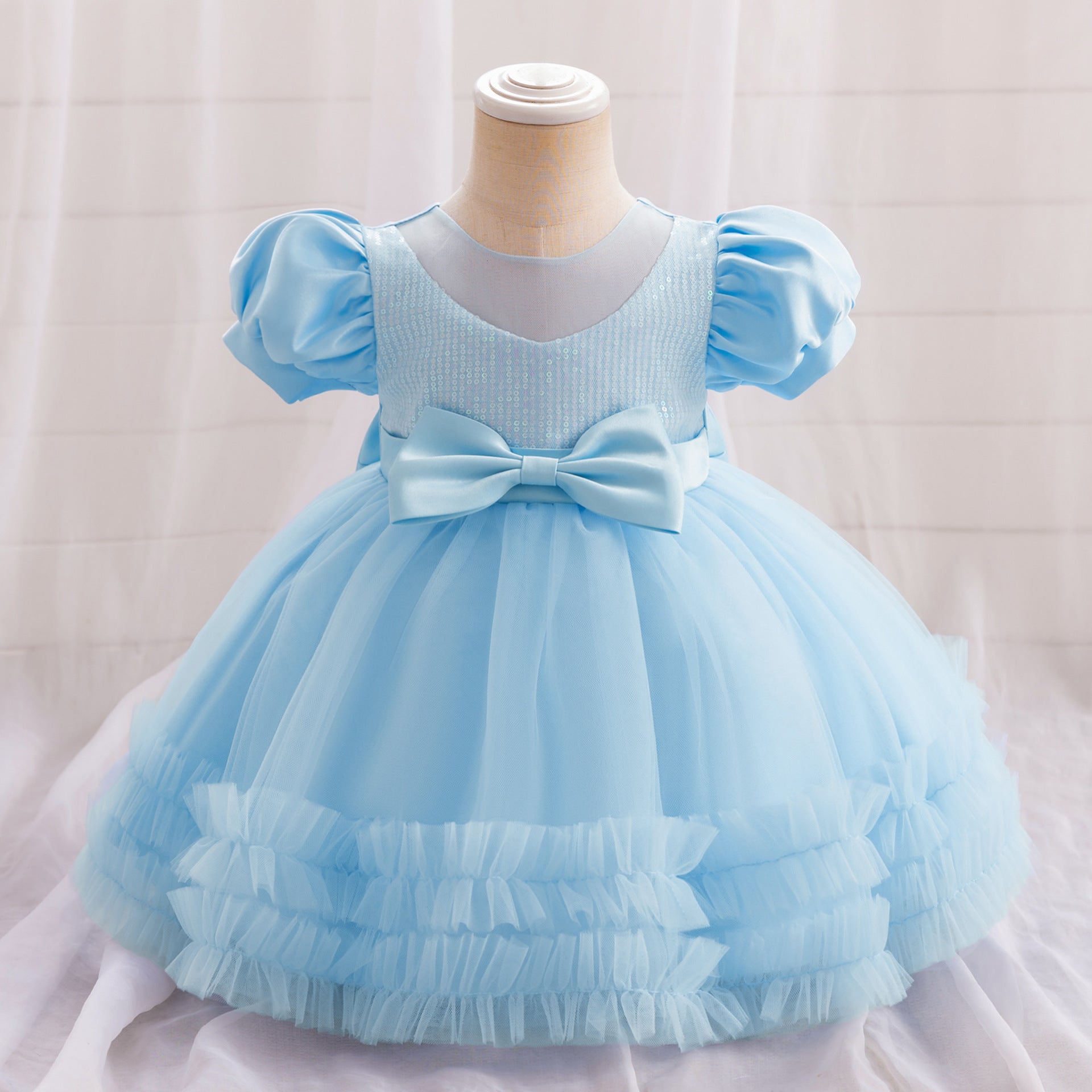 AliExpress Infant Dress Baby's First Birthday Banquet Dress Bubble Sleeve Bow Dress