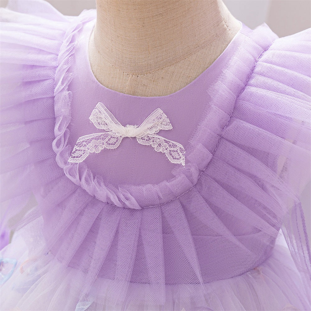 Cross-border new girls' princess dress long-sleeved bow pleated skirt one-year-old flower girl dress lace lace dress