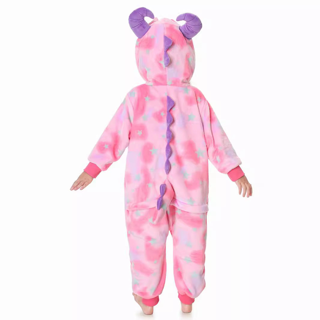 Autumn new children's cartoon styling clothes flannel single-layer tie-dye multi-color, monster styling onesie