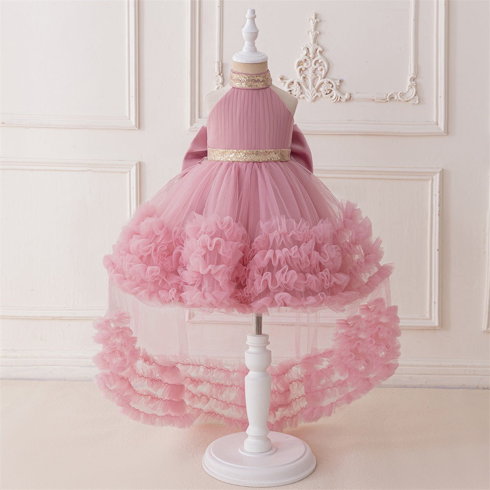 2025 Cross-border New Girls' Birthday Dress Girls' Performance Dress Neck Trailing Princess Dress Mesh Children's Dress