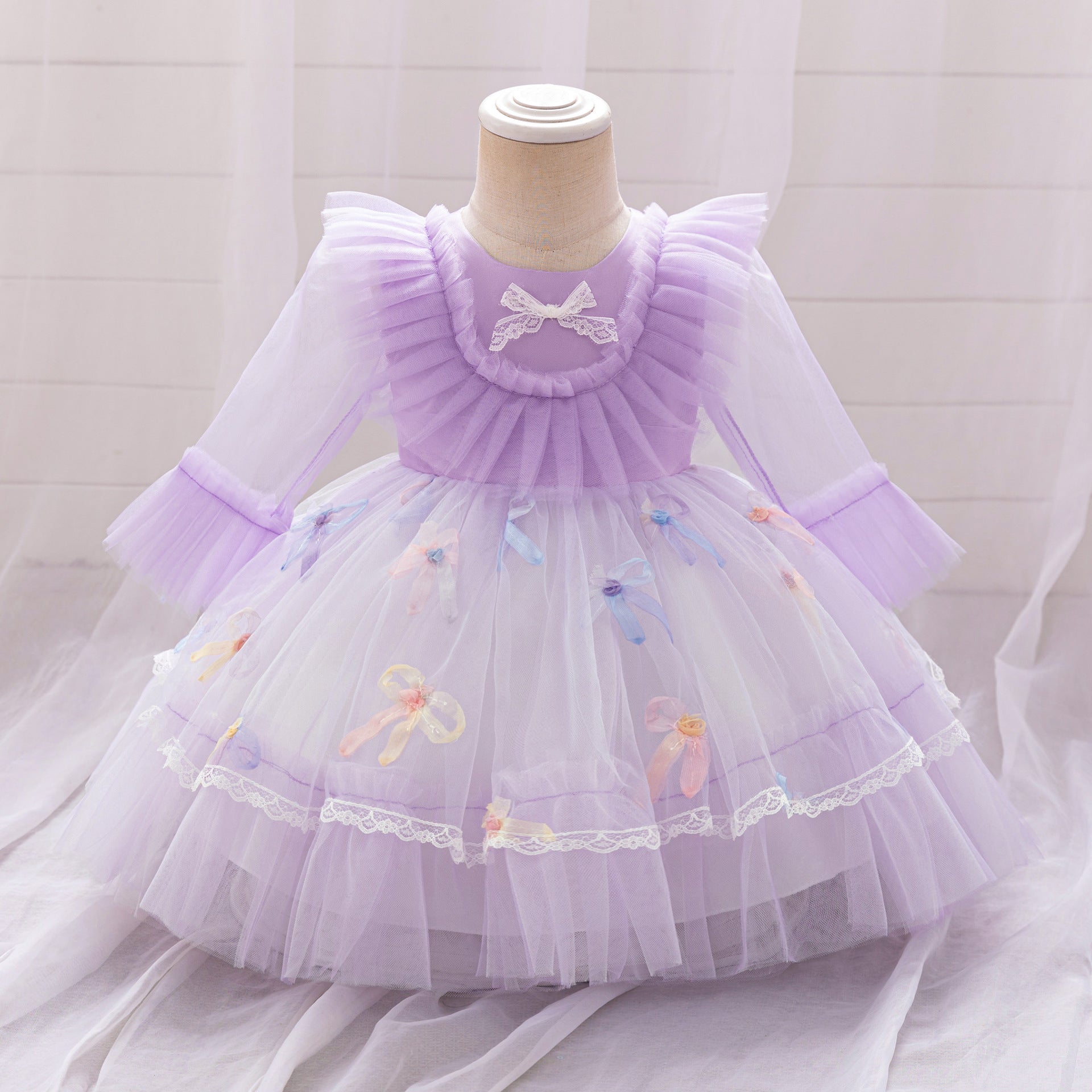 Cross-border new girls' princess dress long-sleeved bow pleated skirt one-year-old flower girl dress lace lace dress
