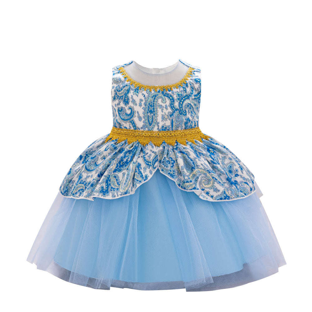 European and American cross-border new children's dresses, annual dresses, summer national tide dresses, satin cloth printing sleeveless princess dresses