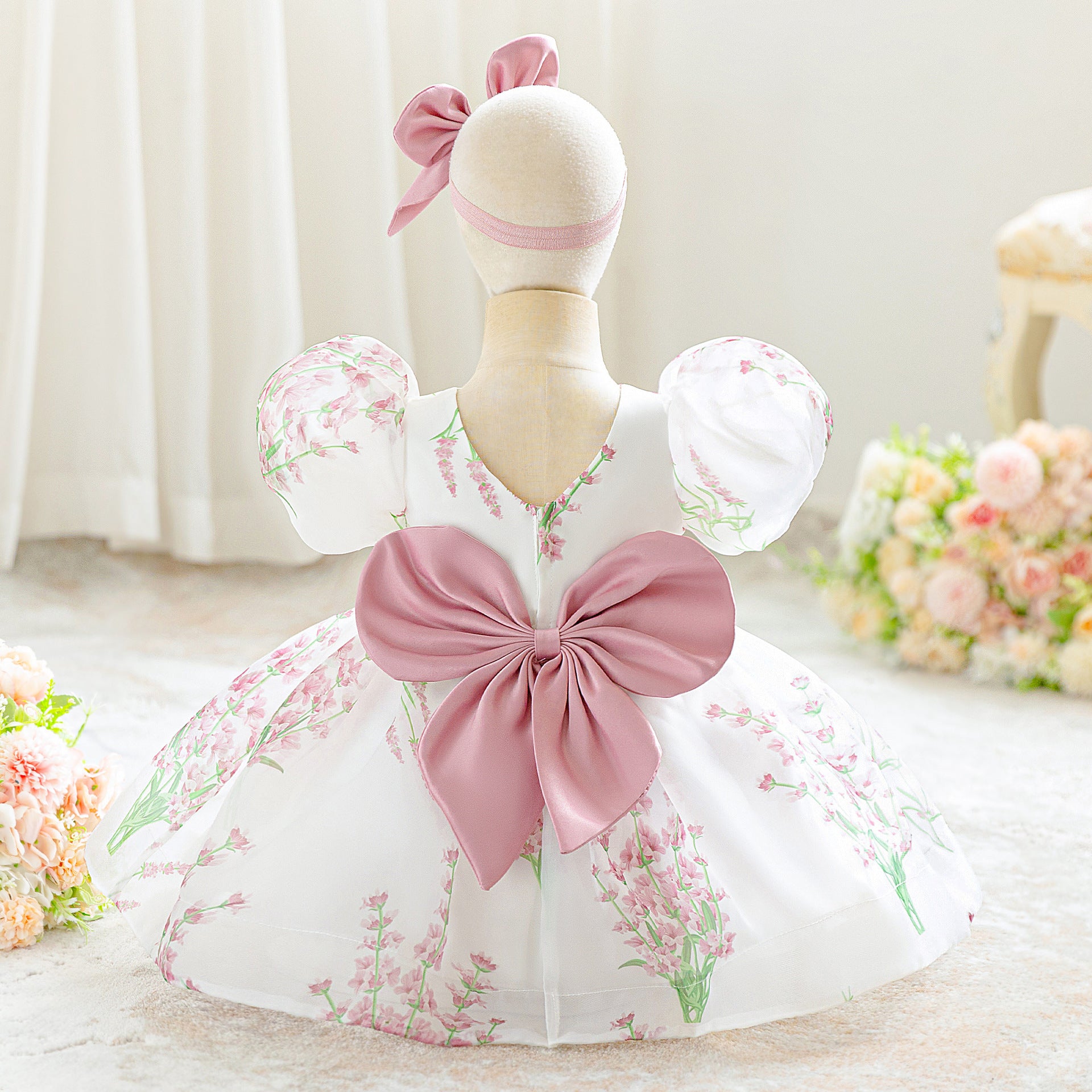 2025 summer new children's dress lavender mesh printing puff dress wedding dress flower girl princess dress performance clothes