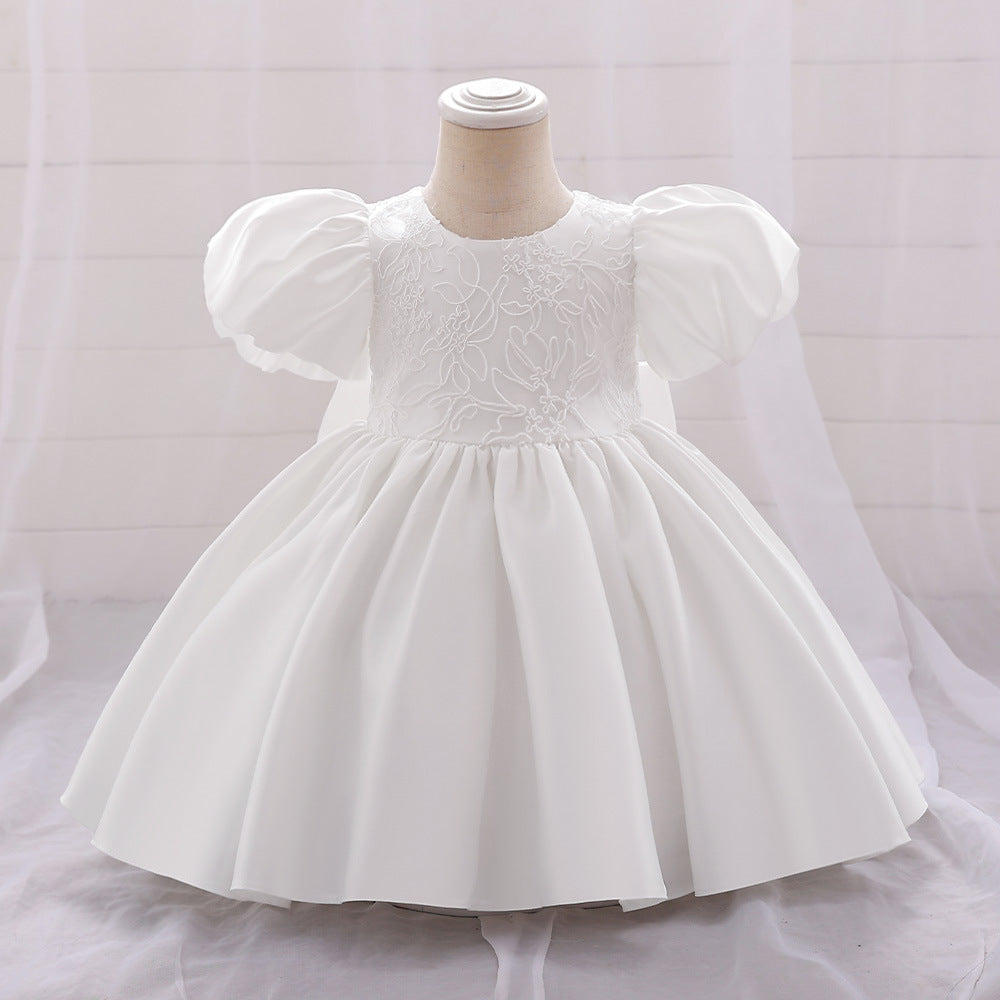 Foreign trade summer girls princess dress embroidered satin bubble sleeves baby dress back snap button bow flower girl