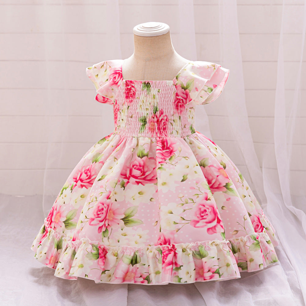 2024 Cross-border New Girls' Princess Dress Printed Satin Fabric Xiaofei Sleeve Dress One-year Dress Folded Fluffy Dress