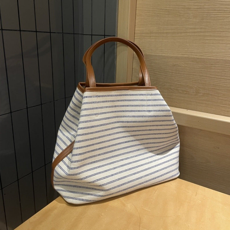 2025 new Korean niche fashion commuter versatile canvas bag, high-end lazy large-capacity striped tote bag