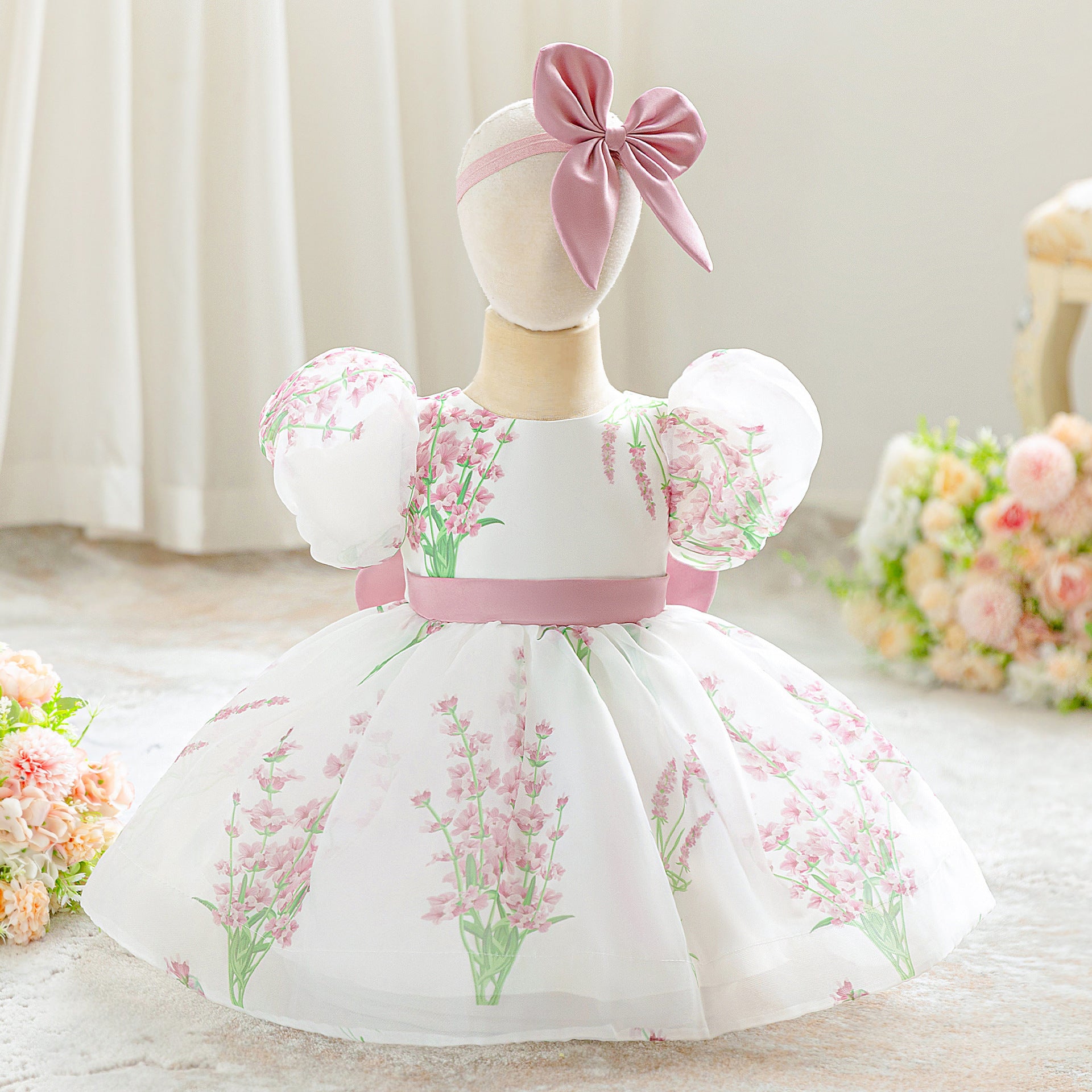 2025 summer new children's dress lavender mesh printing puff dress wedding dress flower girl princess dress performance clothes