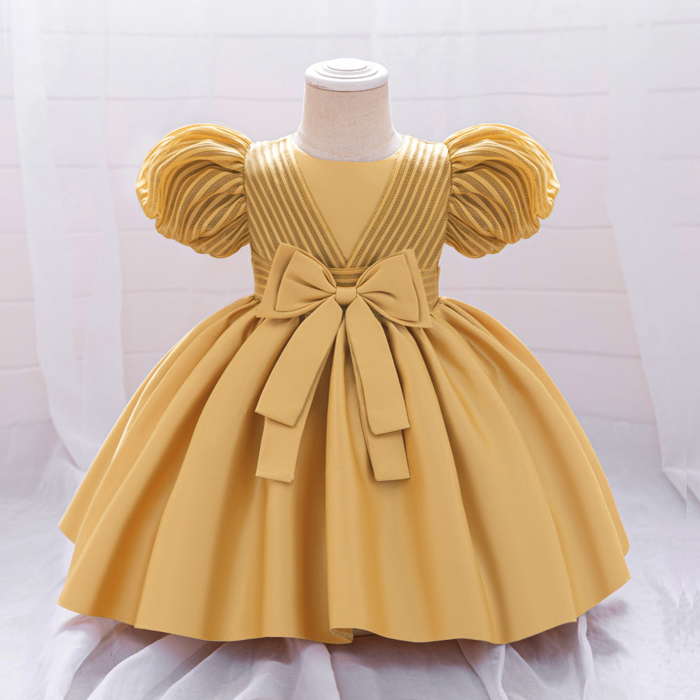 New infant and child first year dress baby girl birthday party wash dress satin bow dress spot