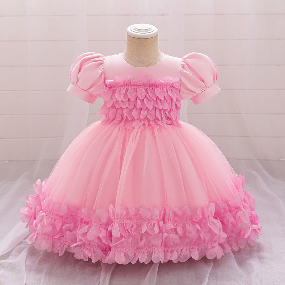 Amazon's new girl baby evening dress children's three-dimensional flower bubble sleeve dress dress girl dinner dress
