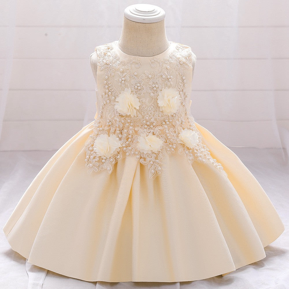 Children's Dress Princess Dress Birthday Satin Dress Lace Decal Children's Dress Little Girl Performance Yearling Dress Dress