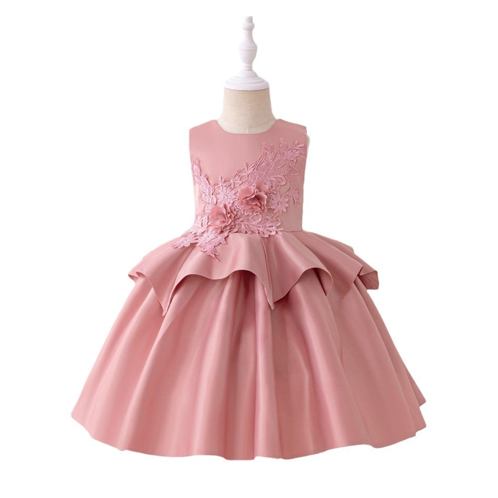 Summer children's dress princess dress cross-border new medium and small children's satin dress sleeveless three-dimensional applique performance clothes