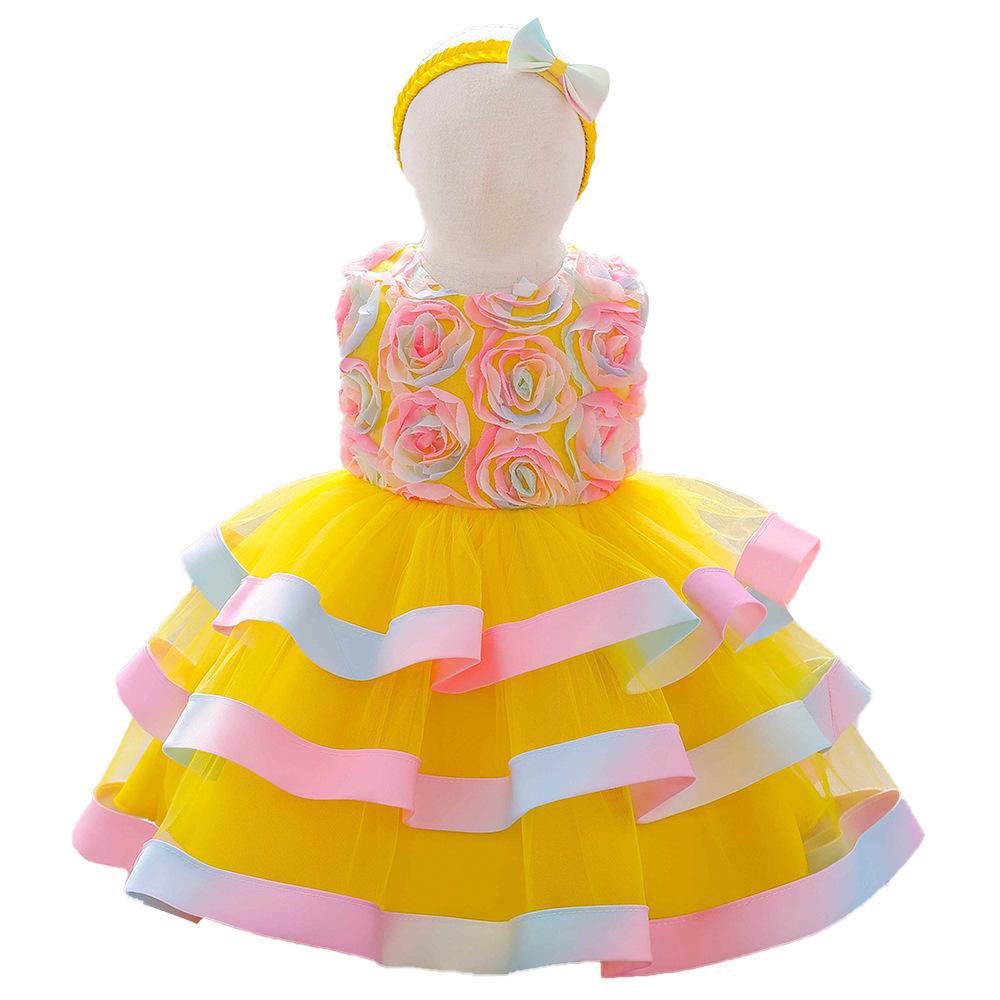 Little girl princess dress children's dress sleeveless dress printed mesh cake puffy dress flower girl catwalk dress sweet