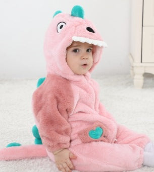 Qile Rabbit Spring and Autumn New Infant and Toddler Baby onesie Cute style contrasting color pocket dinosaur single-layer styling clothes