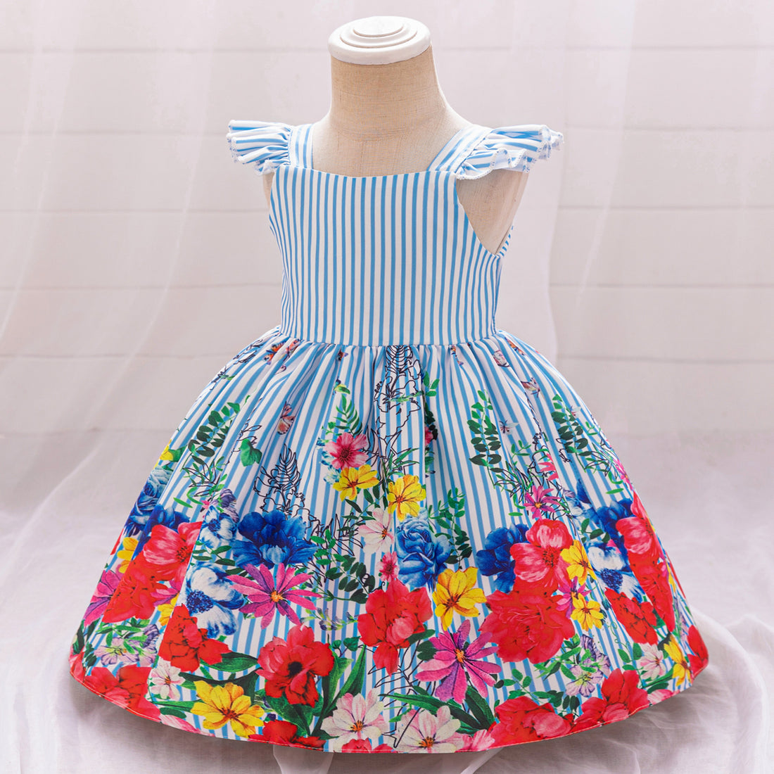 Cross-border new girls' princess dress striped satin dress first birthday dress Xiaofei sleeve print dress dress