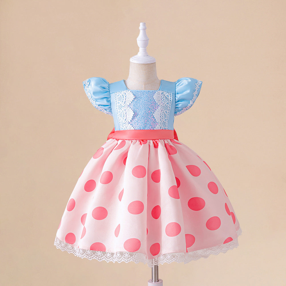 European and American new children's dresses, sweet small flying sleeves, lace splicing polka dots, fluffy children's birthday party princess dresses