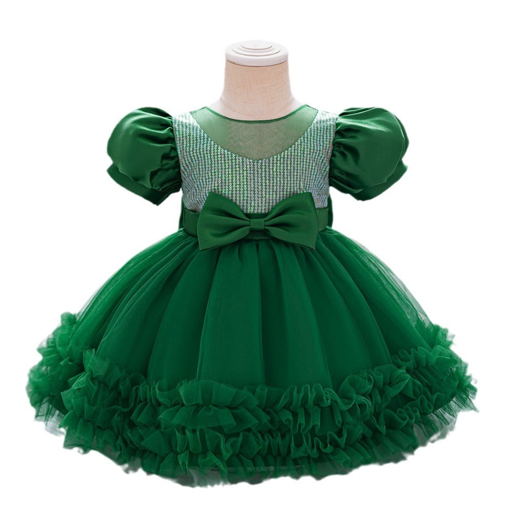 AliExpress Infant Dress Baby's First Birthday Banquet Dress Bubble Sleeve Bow Dress