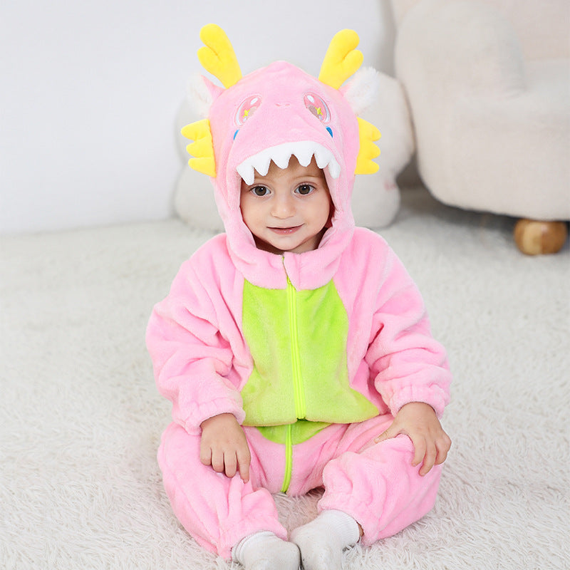 Qile Rabbit autumn new 0-3 year old baby single layer flannel Chinese dragon shape hooded one-piece Romper