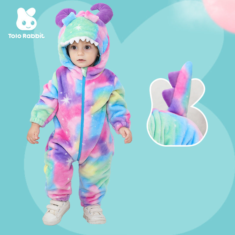 Autumn new 0-3 year old baby flannel-shaped Romper Little Monster hooded one-piece Romper