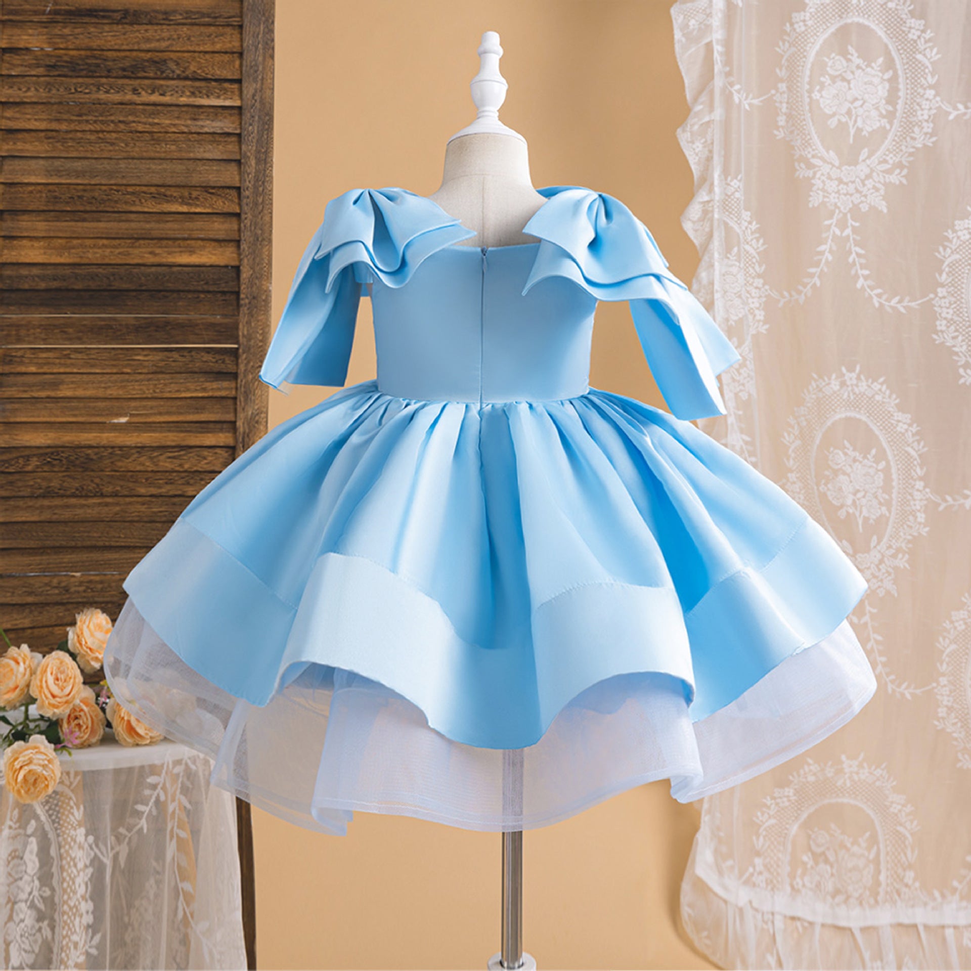 Solid color fluffy bow princess dress