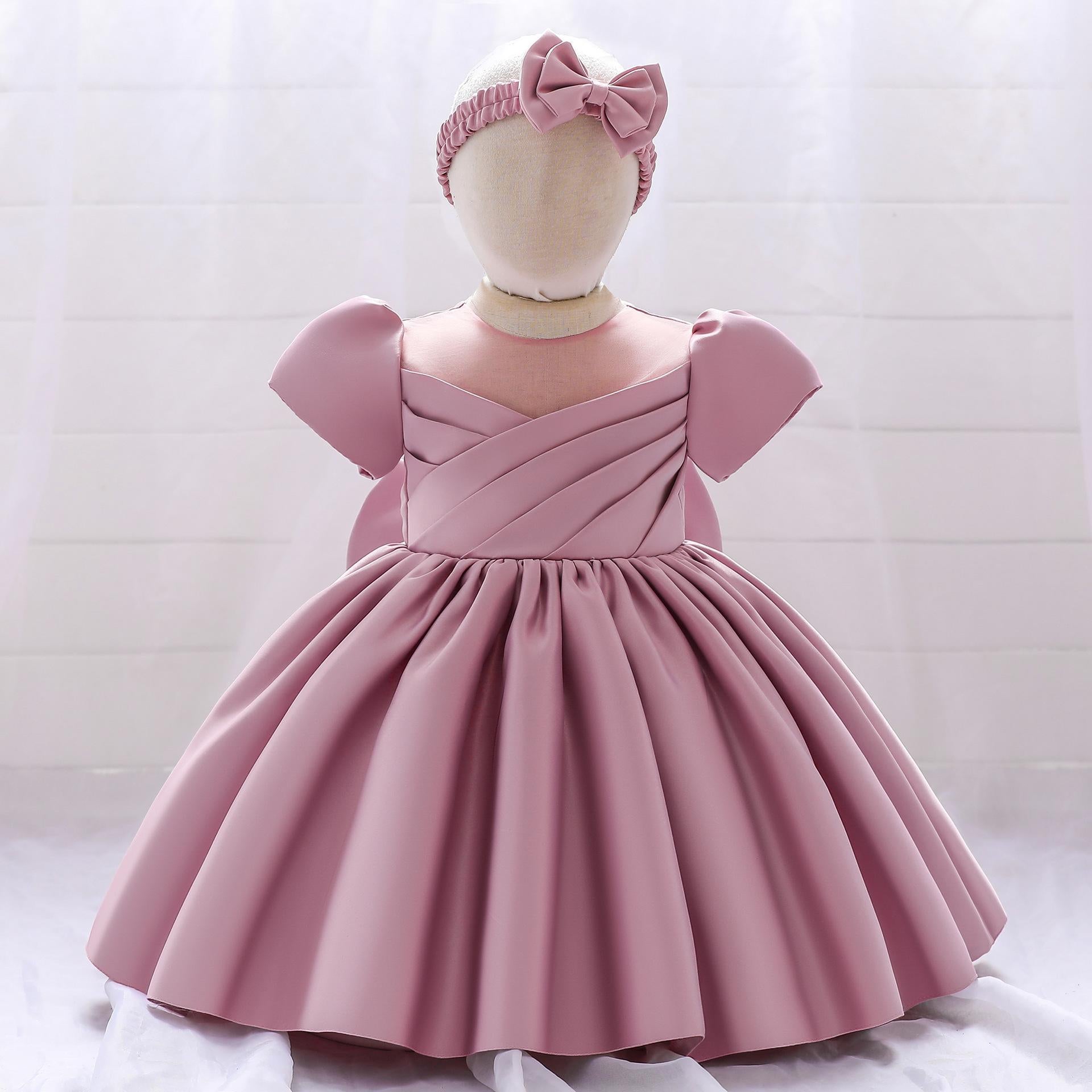 Amazon's new short-sleeved children's dress skirt, hair accessories, big bow girls' birthday party birthday dress