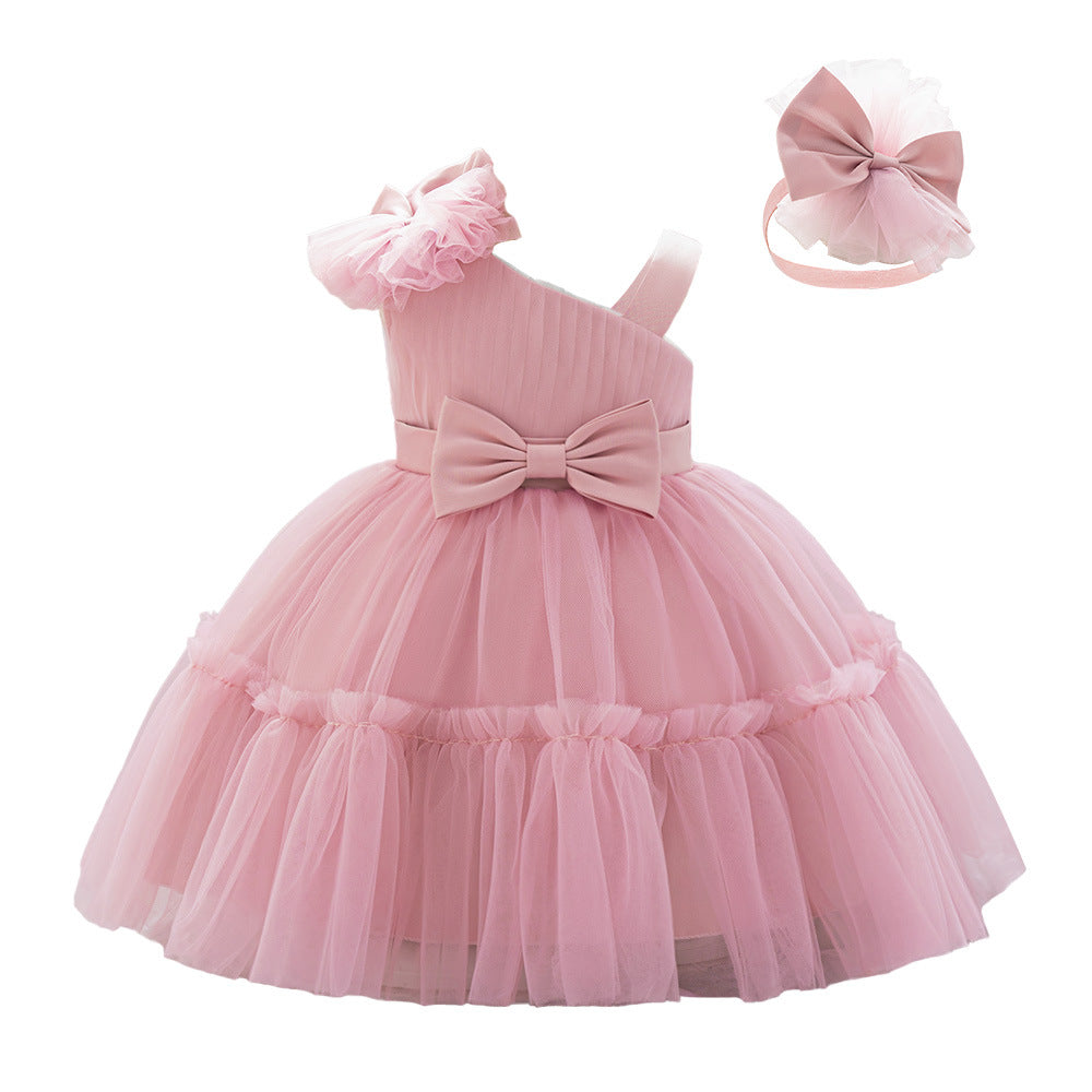European and American new infant dress fluffy skirt one-year-old baby slanted shoulder bow mesh dress girls dress