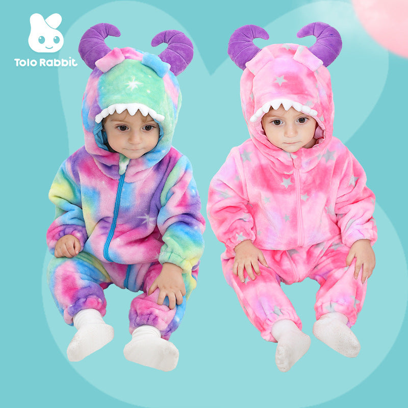 Autumn new 0-3 year old baby flannel-shaped Romper Little Monster hooded one-piece Romper