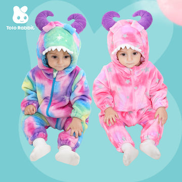 Autumn new 0-3 year old baby flannel-shaped Romper Little Monster hooded one-piece Romper