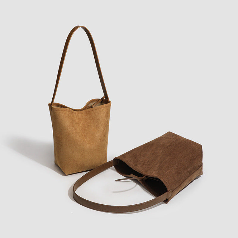 Korean version autumn and winter premium texture retro suede shoulder bucket bag ins versatile women's bag underarm bag trendy handbag