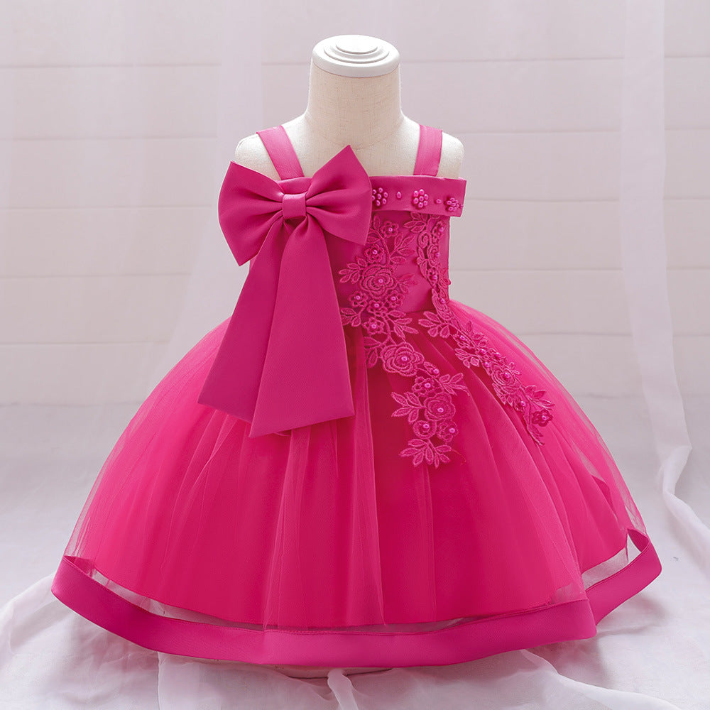 Foreign trade cross-border new children's wedding dress one-word shoulder pearl embroidery girls performance princess puffy skirt summer