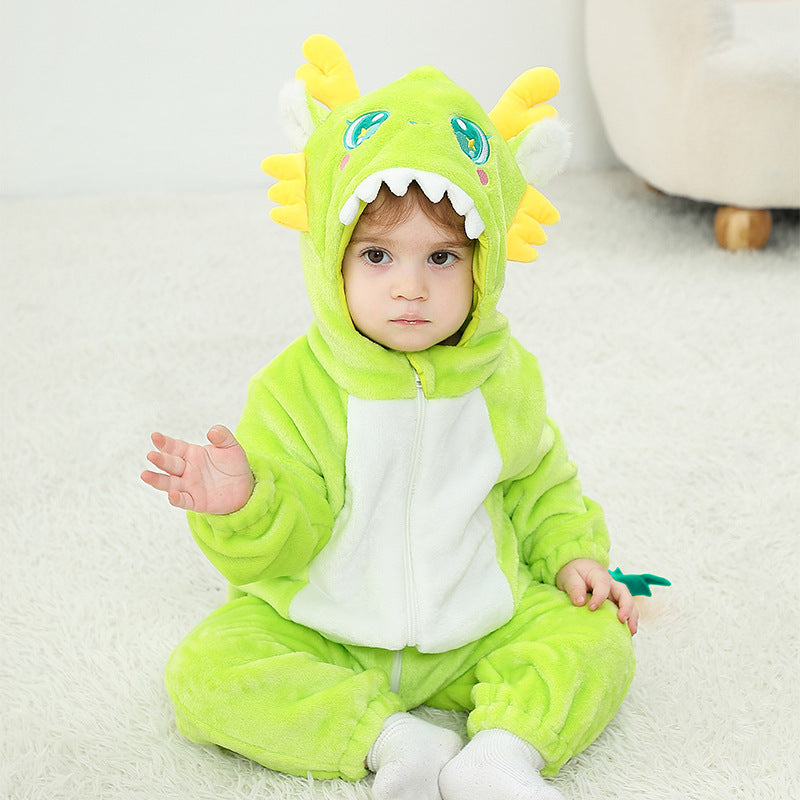 Qile Rabbit autumn new baby single-layer flannel cartoon dinosaur shape hooded one-piece Romper