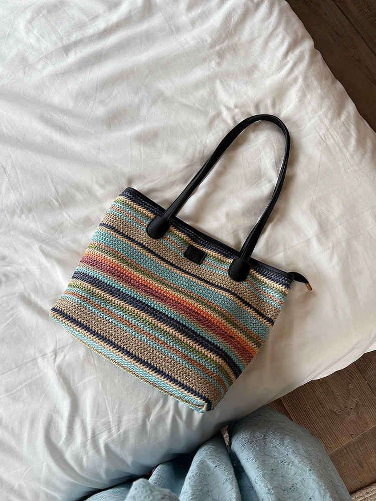 Summer Color Large Capacity Commuter Woven Bag Vacation Beach Bag Ladies Tote Bag Versatile Rainbow Shoulder Bag