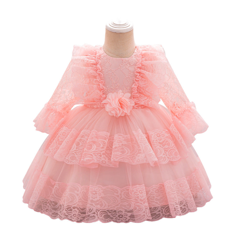 Cross-border new girls' princess dress lace pleated girls' dress one-year-old banquet dress long-sleeved hollow dress
