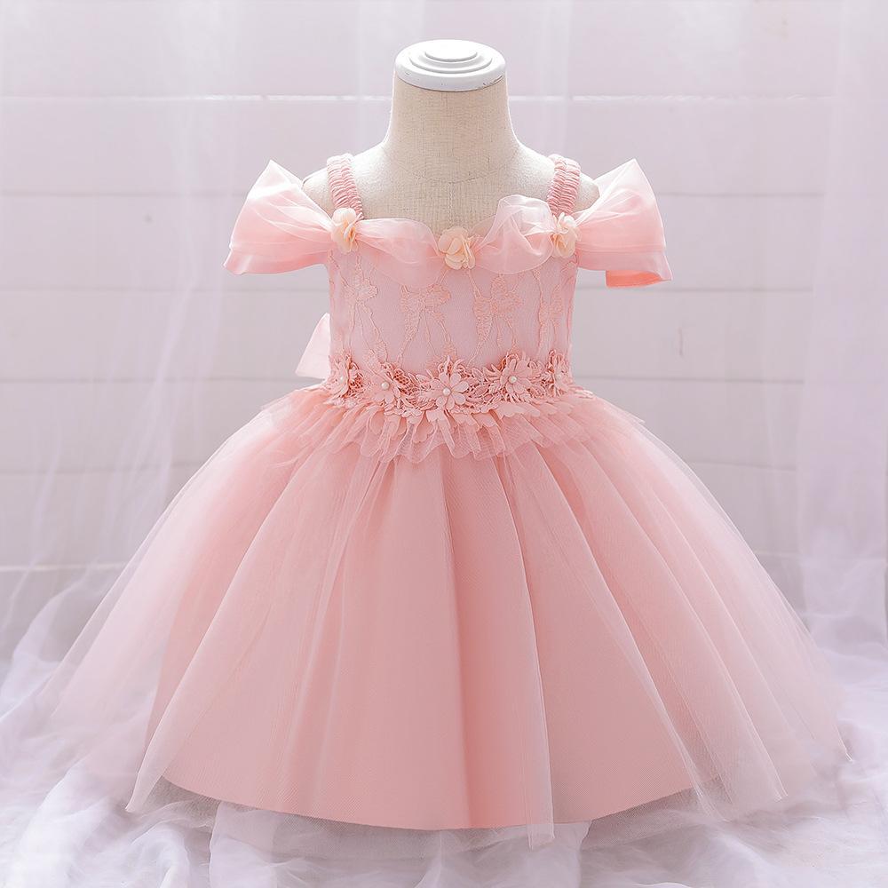 Amazon's new baby dress dress dress flower girl full moon wash dress girl one-word shoulder bubble sleeve princess dress