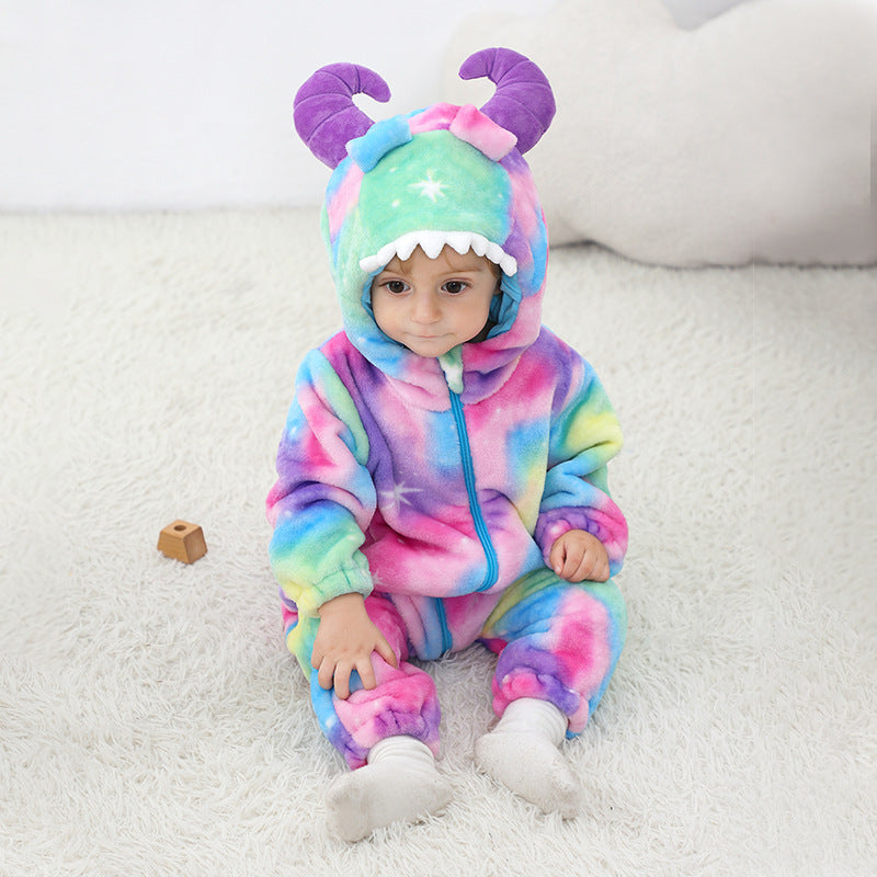Autumn new 0-3 year old baby flannel-shaped Romper Little Monster hooded one-piece Romper