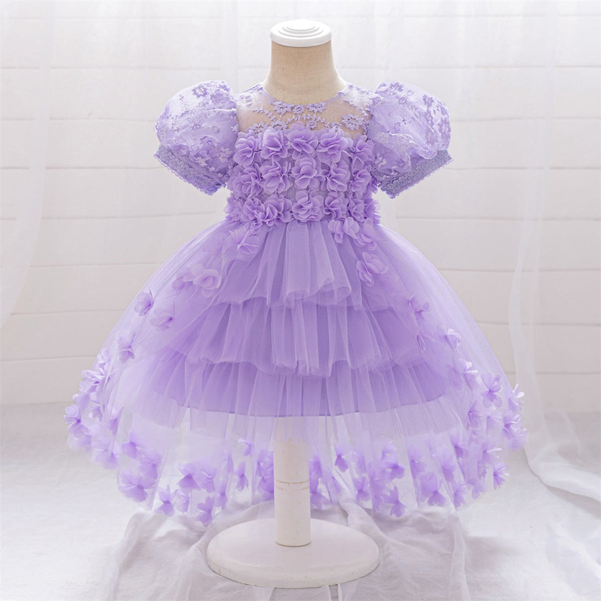 Amazon children's dovetail skirt, medium and older children's three-dimensional flower mesh fluffy dovetail skirt girls' piano performance clothes