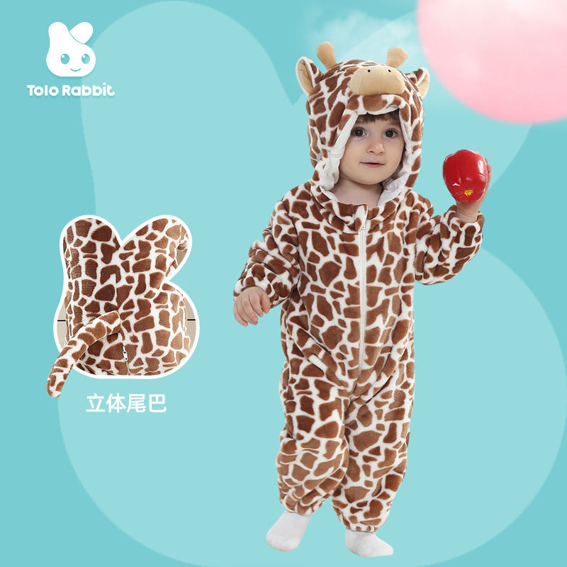 Qile Rabbit, Spring and Autumn Baby Clothing, Flannel Two-color Three-dimensional Modeling Cartoon Animal Romper Single Layer