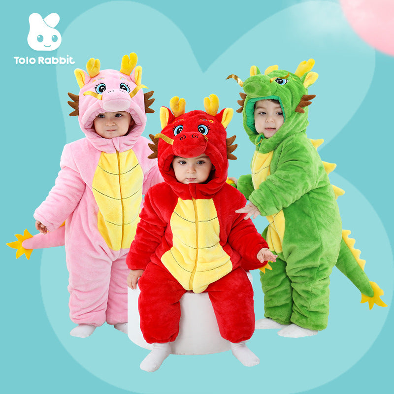 Winter new infant male treasure female treasure cute personality Chinese dragon shape flannel thickened warm Romper