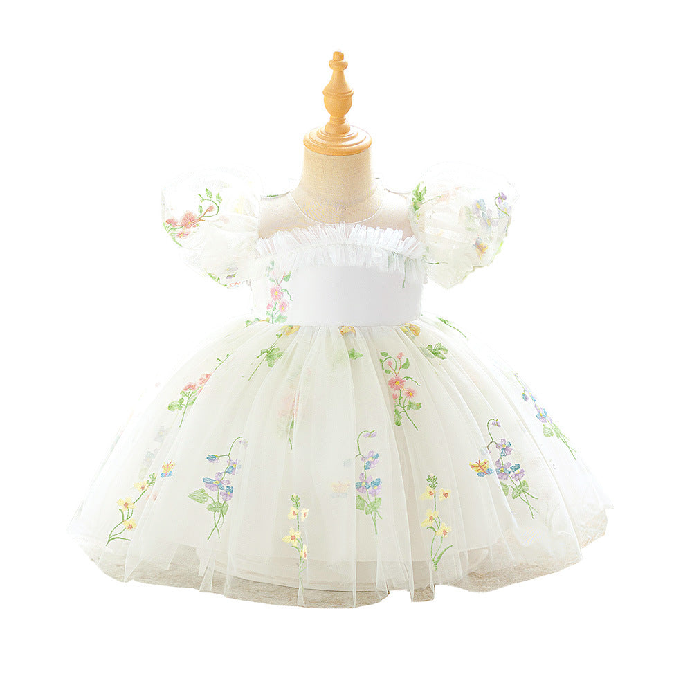 Girls Dress Summer Foreign Style Princess Dress Embroidered Bubble Sleeve Dress Gauze Dress Little Girl Vacation Dress