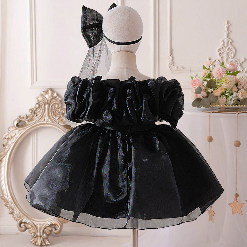 Amazon popular girls princess dress baby first birthday dress one-word shoulder pleated puffy dress spot