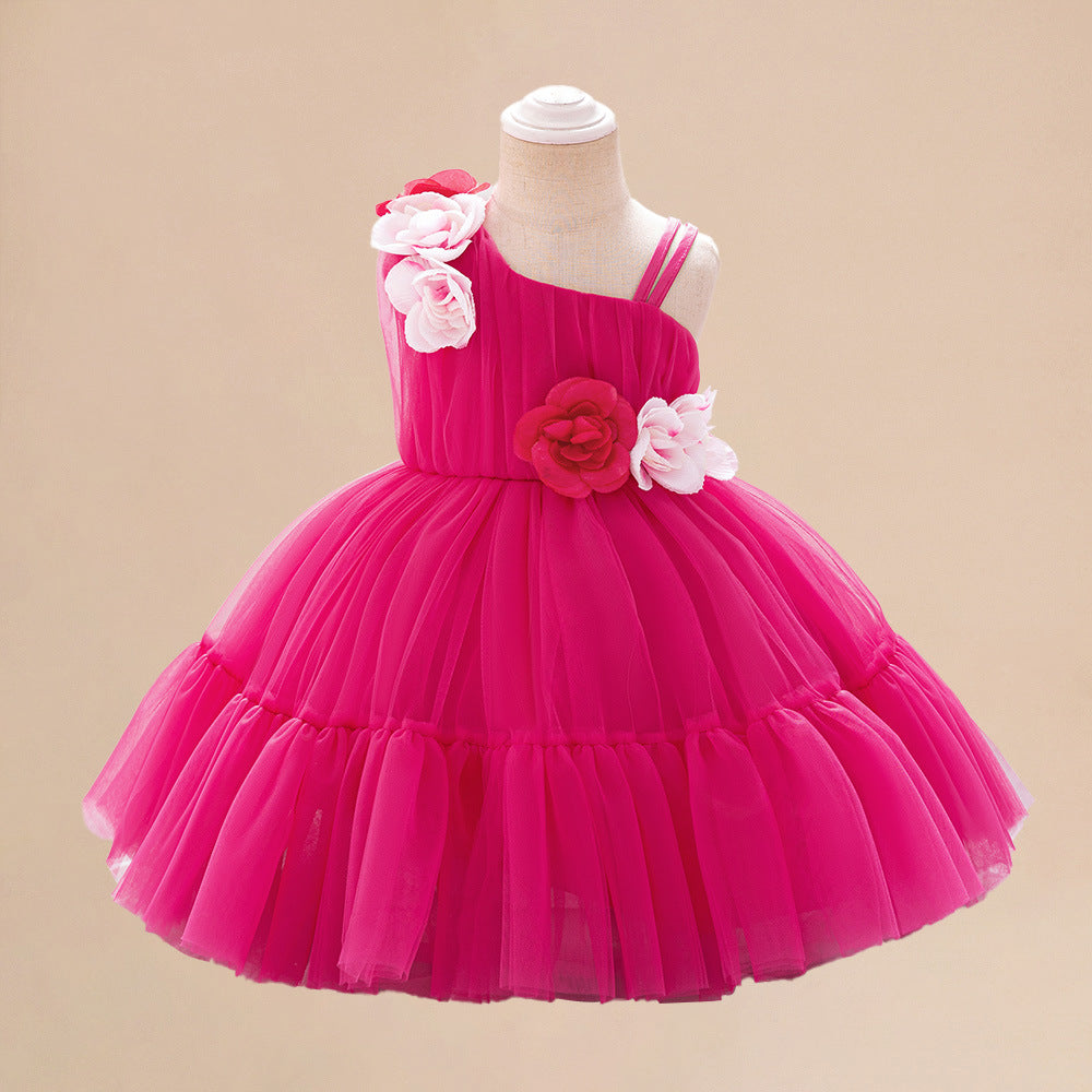 Amazon's new children's dress slanted shoulder three-dimensional flower mesh one-year-old dress baby hundred-day birthday dress