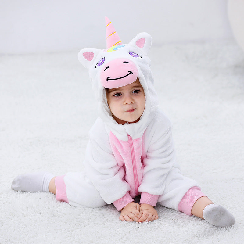 Autumn new 0-3 year old baby flannel single-layer styling Romper Unicorn styling hooded one-piece Romper