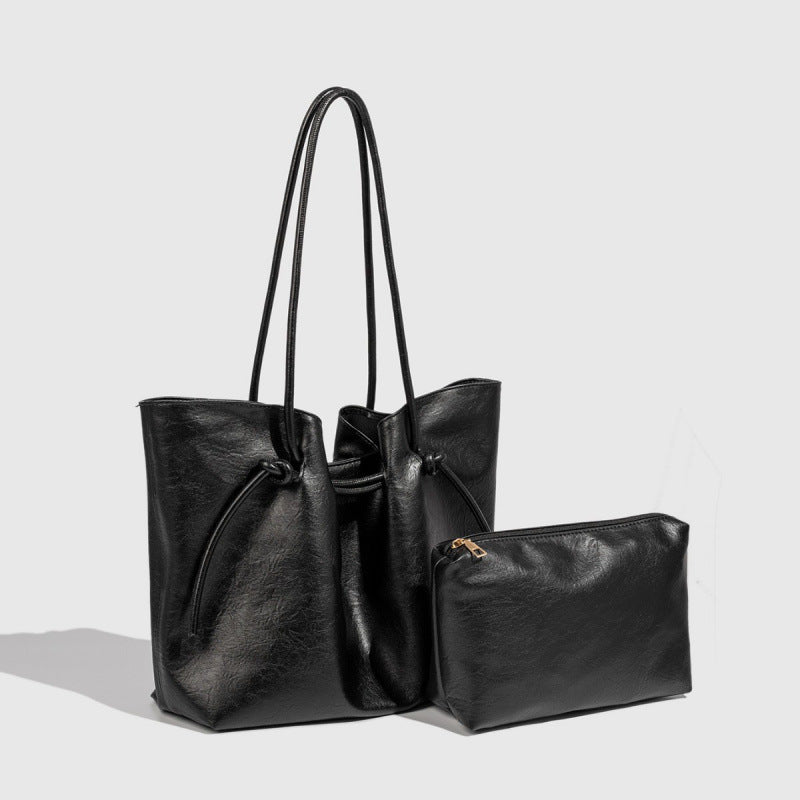 Bag women, fashion string strap design large capacity shoulder bag autumn and winter retro pu leather mother and child bag 2025